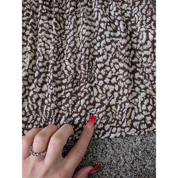 Sunny Leigh Brown Abstract Animal Print Ruffle V-Neck Bell Sleeve Y2K Mini Dress - Picture 2 of 4